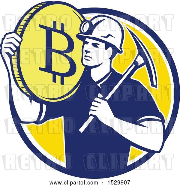 Vector Clip Art of Retro Crytocurrency Miner with a Bitcoin on His Shoulder and a Pickaxe