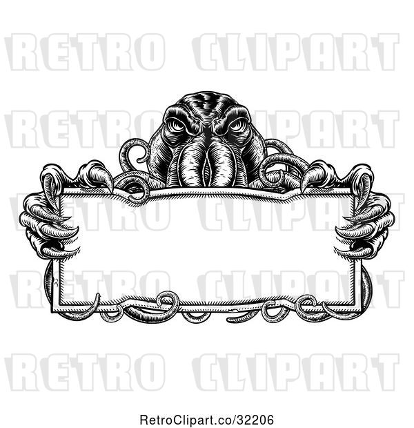 Vector Clip Art of Retro Cthulhu Octopus Holding a Blank Sign