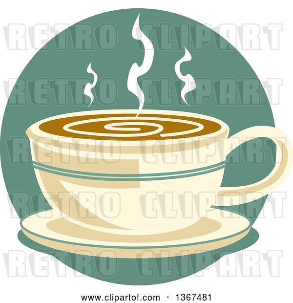 Vector Clip Art of Retro Cup of Hot Coffee on a Saucer, over a Blue Circle