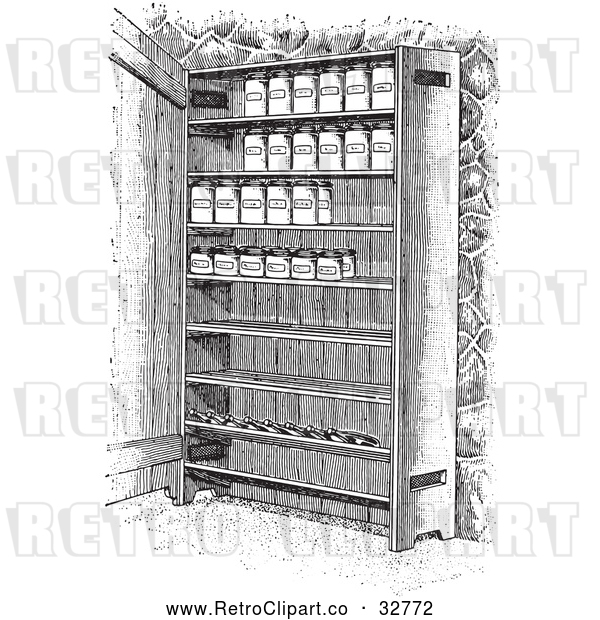 Vector Clip Art of Retro Cupboard Shelves with Canned Goods in Black and White