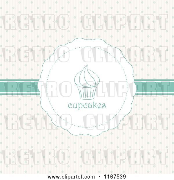 Vector Clip Art of Retro Cupcake Label and Green Ribbon over Polka Dots and Stripes
