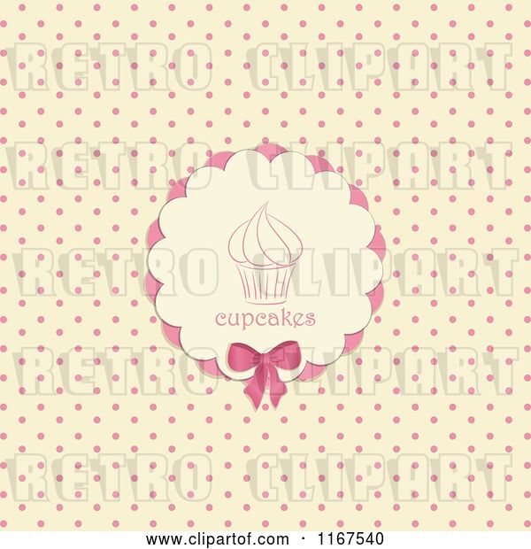Vector Clip Art of Retro Cupcake Label over Pink Polka Dots on Beige