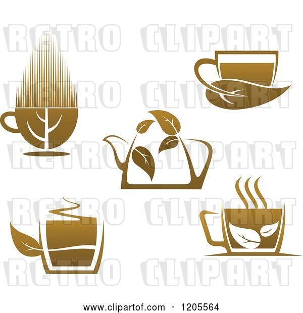 Vector Clip Art of Retro Cups and a Pot of Brown Tea or Coffee