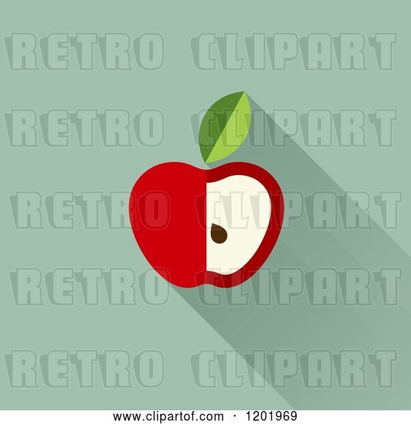Vector Clip Art of Retro Cut Red Apple and Leaf with a Shadow on Green