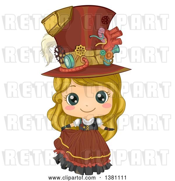 Vector Clip Art of Retro Cute Blond White Steampunk Girl Posing in a Dress and Hat