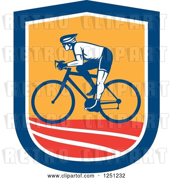 Vector Clip Art of Retro Cyclist Guy in a Blue White Orange and Red Shield