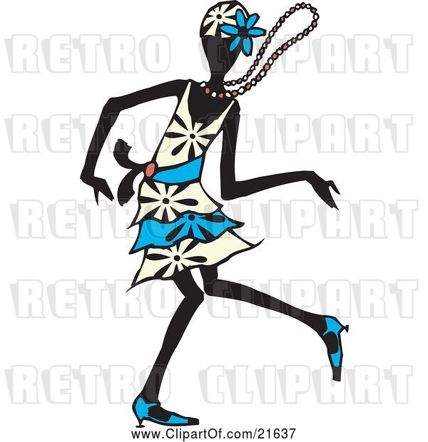 Vector Clip Art of Retro Dancing Flapper Lady in a White and Blue Dress, Floral Hat and Heels, Moving on the Dance Floor with Her Necklace Flying Around Her Neck
