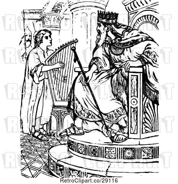 Vector Clip Art of Retro David Playing a Harp for King Saul