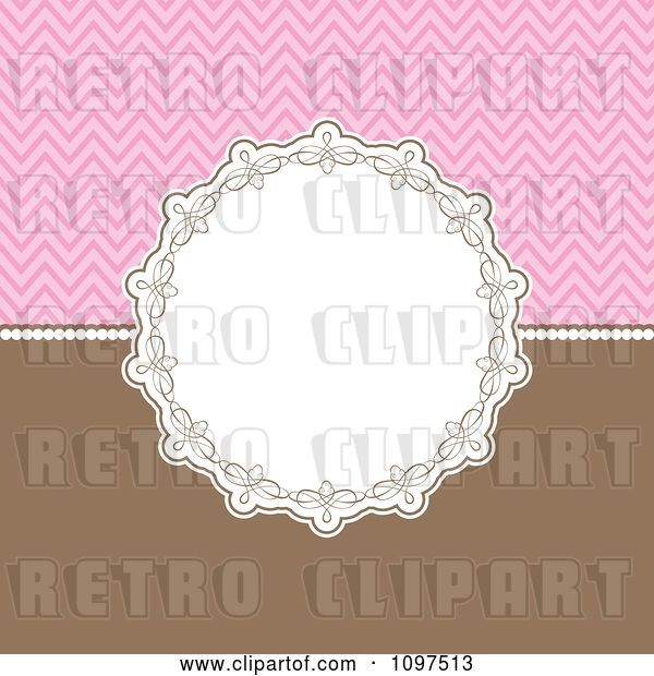 Vector Clip Art of Retro Decorative Circular Frame over a Pink Chevron Pattern and Brown