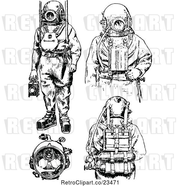 Vector Clip Art of Retro Deep Sea Diver Suits