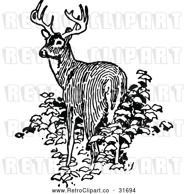 Vector Clip Art of Retro Deer in Bushes