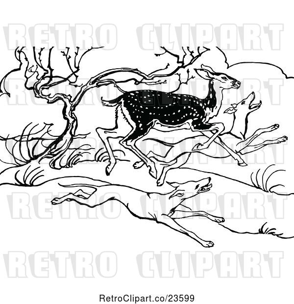 Vector Clip Art of Retro Deer Running from Hunting Dogs