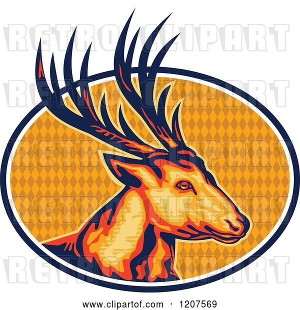 Vector Clip Art of Retro Deer Stag Head over an Oval of Diamonds