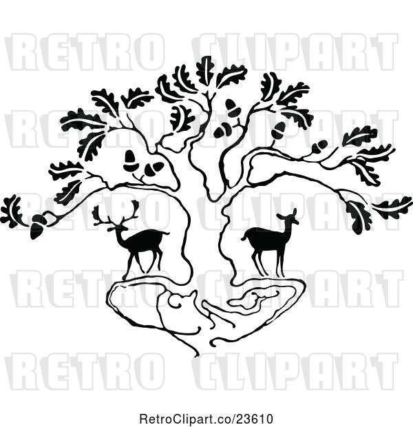 Vector Clip Art of Retro Deer Under an Oak Tree