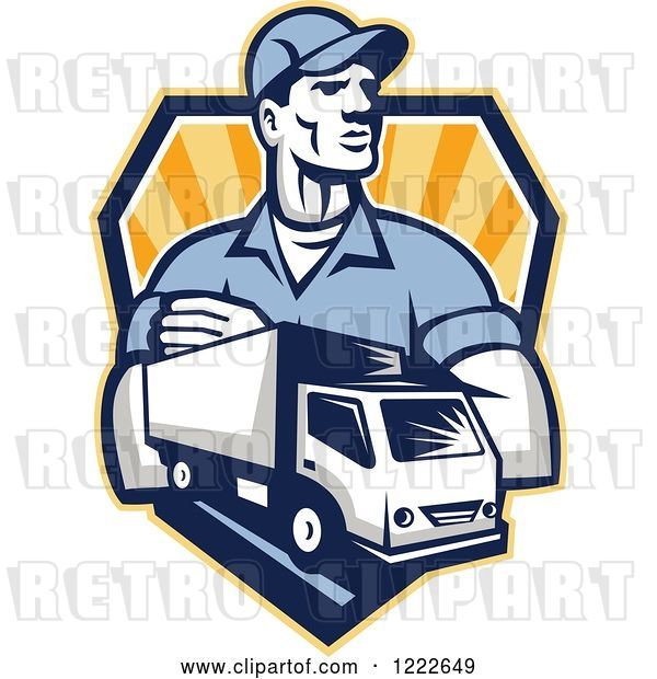 Vector Clip Art of Retro Delivery Guy and a Truck over a Shield of Rays