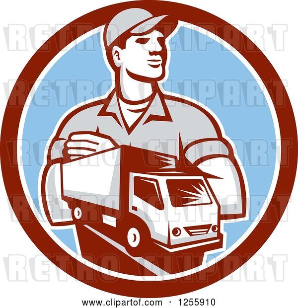Vector Clip Art of Retro Delivery Guy and Truck in a Circle