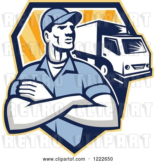 Vector Clip Art of Retro Delivery Guy with Folded Arms and a Truck over a Shield of Rays
