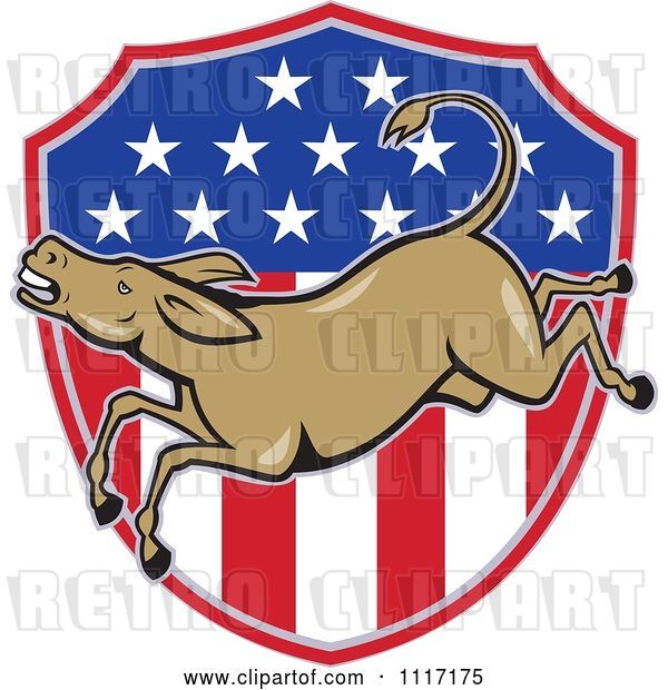 Vector Clip Art of Retro Democratic Party Donkey Bucking over an American Flag Shield