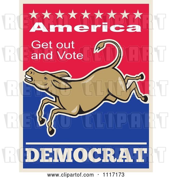 Vector Clip Art of Retro Democratic Party Donkey Bucking with Vote Text