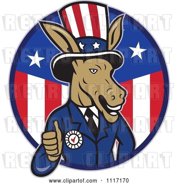 Vector Clip Art of Retro Democratic Party Donkey Uncle Sam Giving a Thumb up in an American Circle