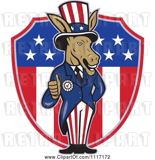 Vector Clip Art of Retro Democratic Party Donkey Uncle Sam Holding a Thumb up over an American Shield
