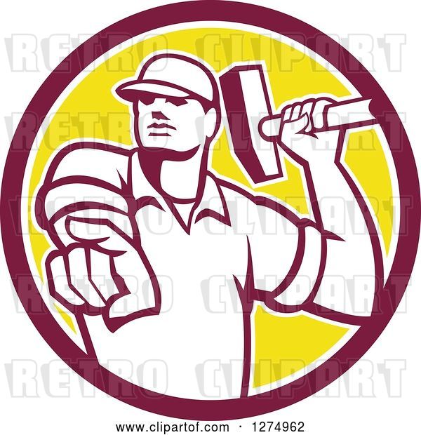 Vector Clip Art of Retro Demolition Worker Guy Holding a Hammer and Pointing Outwards in a Maroon White and Yellow Circle