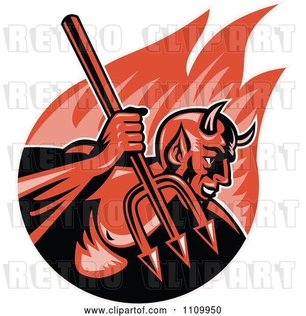 Vector Clip Art of Retro Demon Devil Holding up a Trident over Flames