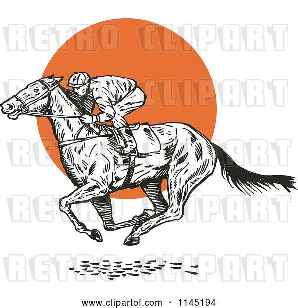 Vector Clip Art of Retro Derby Horse Race Jockey over an Orange Circle