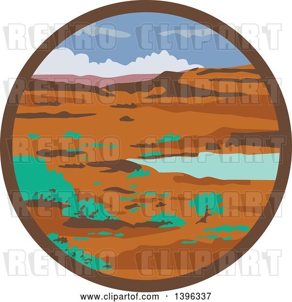 Vector Clip Art of Retro Desert Landscape Scene in a Circle