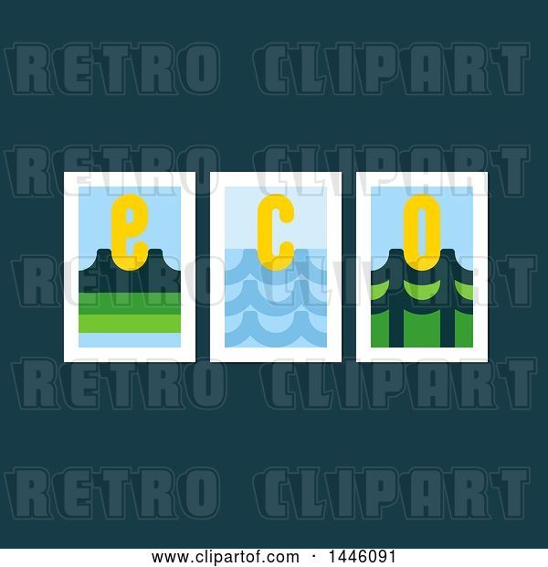 Vector Clip Art of Retro Design of Three Landscapes and Eco Letters on Teal