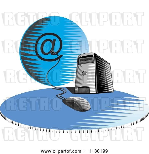 Vector Clip Art of Retro Desktop Computer Server Tower Connected an Email Globe