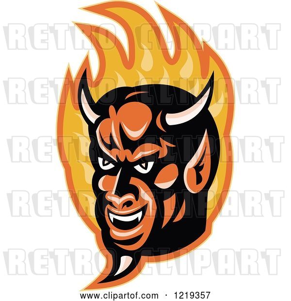 Vector Clip Art of Retro Devil Face in Flames