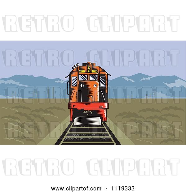 Vector Clip Art of Retro Diesel Train on Tracks in a Flat Landscape with Mountains in the Distance