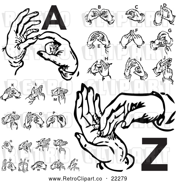 Vector Clip Art of Retro Digital Collage of Alphabet Sign Language Hands, a Through Z