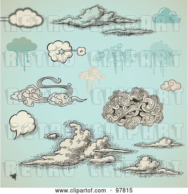 Vector Clip Art of Retro Digital Collage of and Grungy Styled Clouds over Antique Blue