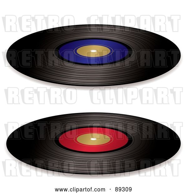 Vector Clip Art of Retro Digital Collage of Black Vinyl Records with Red and Blue Blank Labels