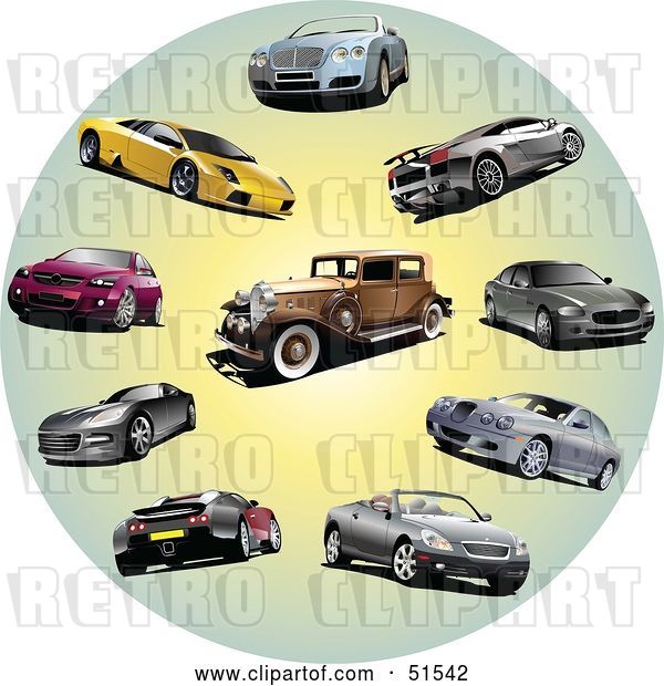 Vector Clip Art of Retro Digital Collage of Coupes, Classic and Sports Cars in a Circle