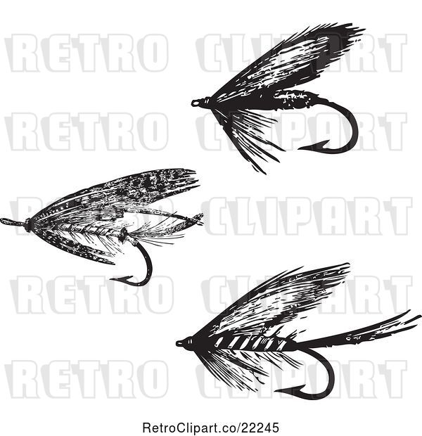Vector Clip Art of Retro Digital Collage of Fly Fishing Hooks - 1
