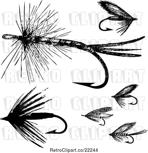 Vector Clip Art of Retro Digital Collage of Fly Fishing Hooks - 2