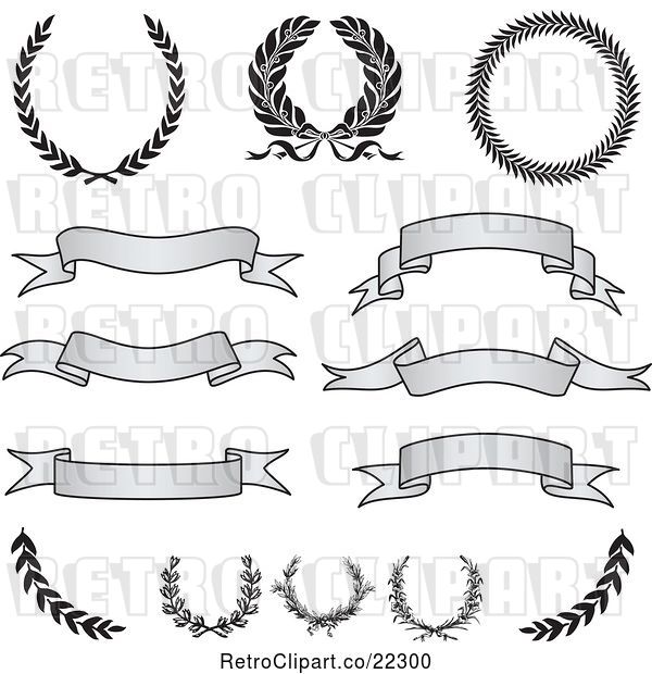 Vector Clip Art of Retro Digital Collage of Grayscale Banners, Laurels and Wreaths