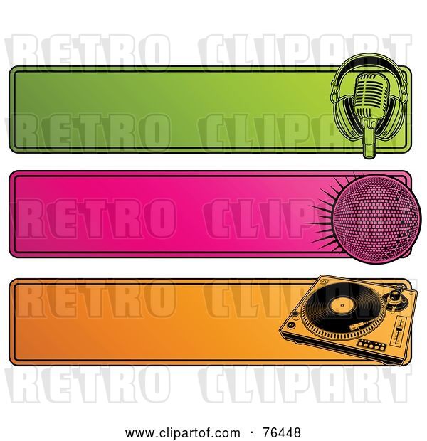 Vector Clip Art of Retro Digital Collage of Green, Pink and Orange Website Headers; Microphone, Disco Ball and Record Player