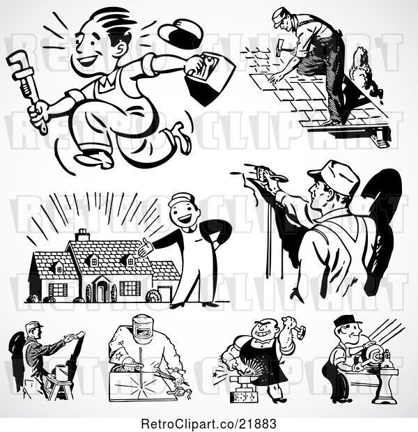 Vector Clip Art of Retro Digital Collage of Industrial Workers