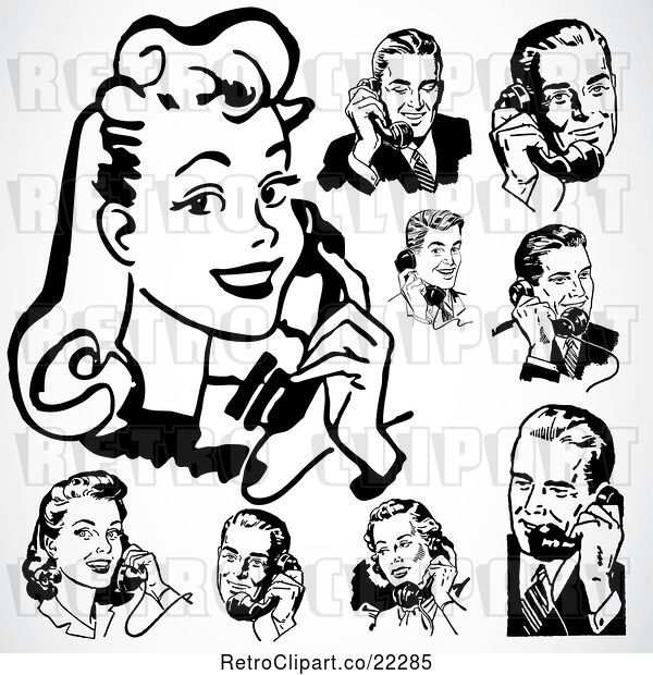 Vector Clip Art of Retro Digital Collage of Men and Women Using Phones