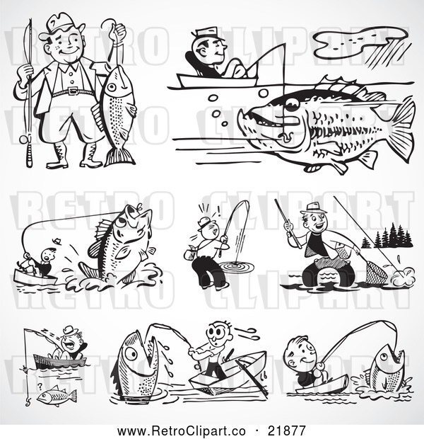 Vector Clip Art of Retro Digital Collage of Men Fishing