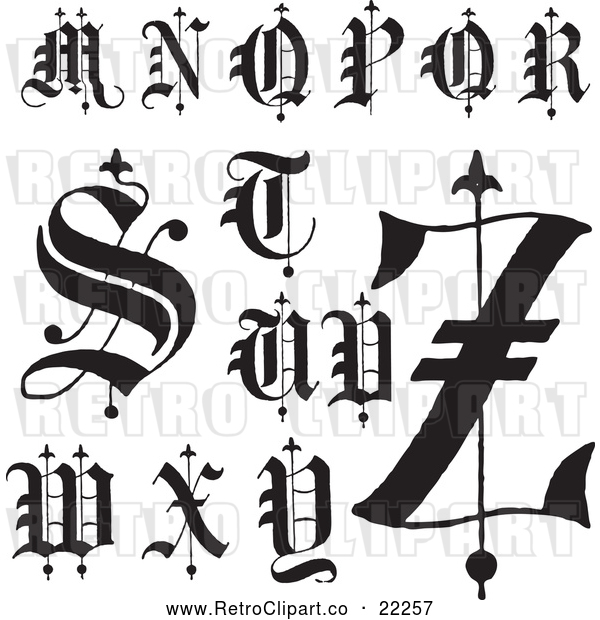 Vector Clip Art of Retro Digital Collage of Old English Abc Letters M Through Z