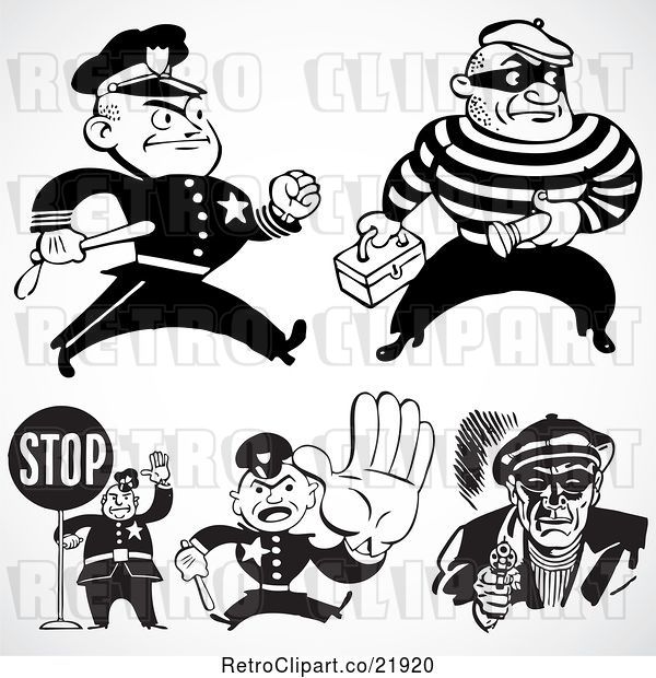 Vector Clip Art of Retro Digital Collage of Policemen and Criminals