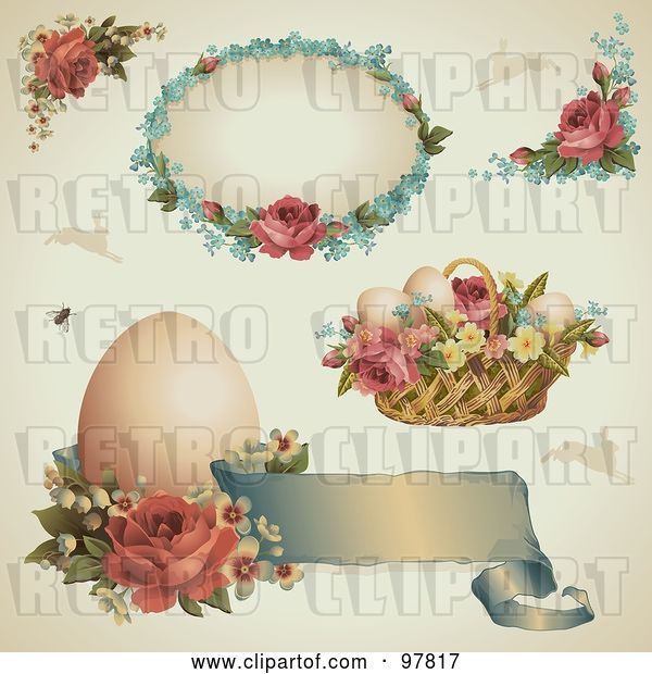 Vector Clip Art of Retro Digital Collage of Victorian Easter Design Elements with Roses, Eggs and Baskets