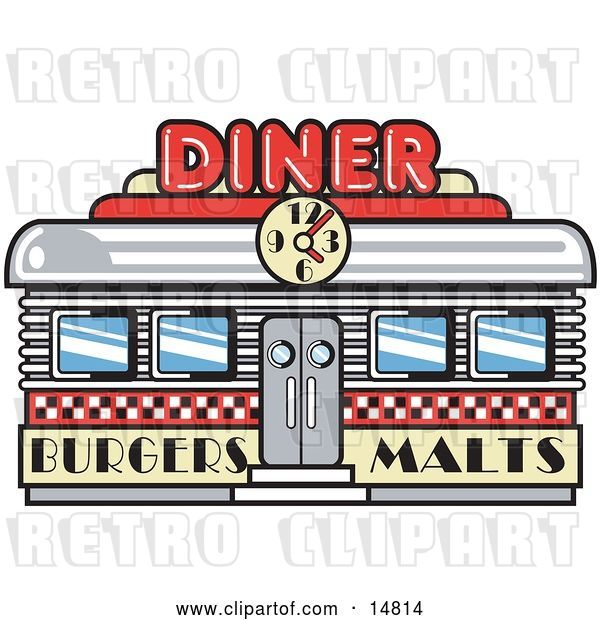 Vector Clip Art of Retro Diner Building with a Clock on It and Signs Advertising Burgers and Malts