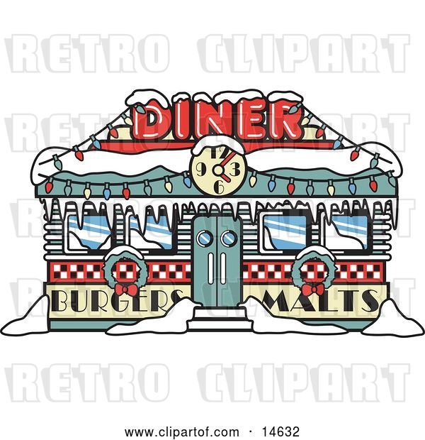 Vector Clip Art of Retro Diner in Snow, Decorated in Christmas Wreaths and Lights