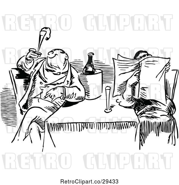 Vector Clip Art of Retro Dining Couple Reading and Smoking